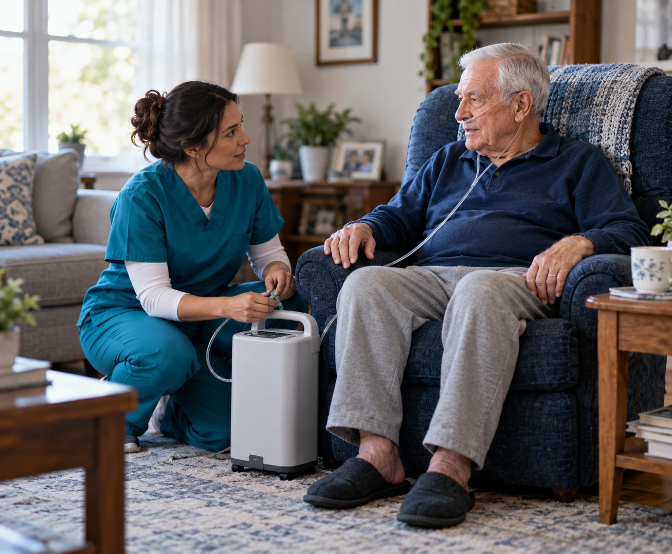 A home health nurse checking a patient&rsquo;s oxygen equipment at home