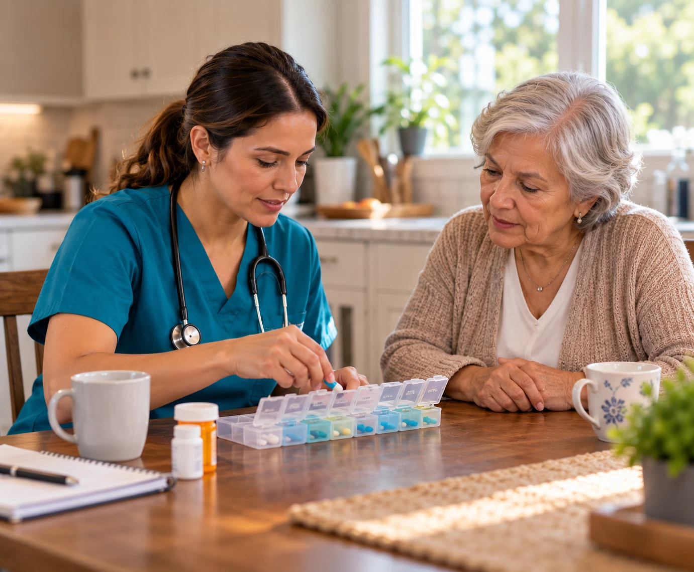 A nurse organising a patient&rsquo;s weekly medication at home