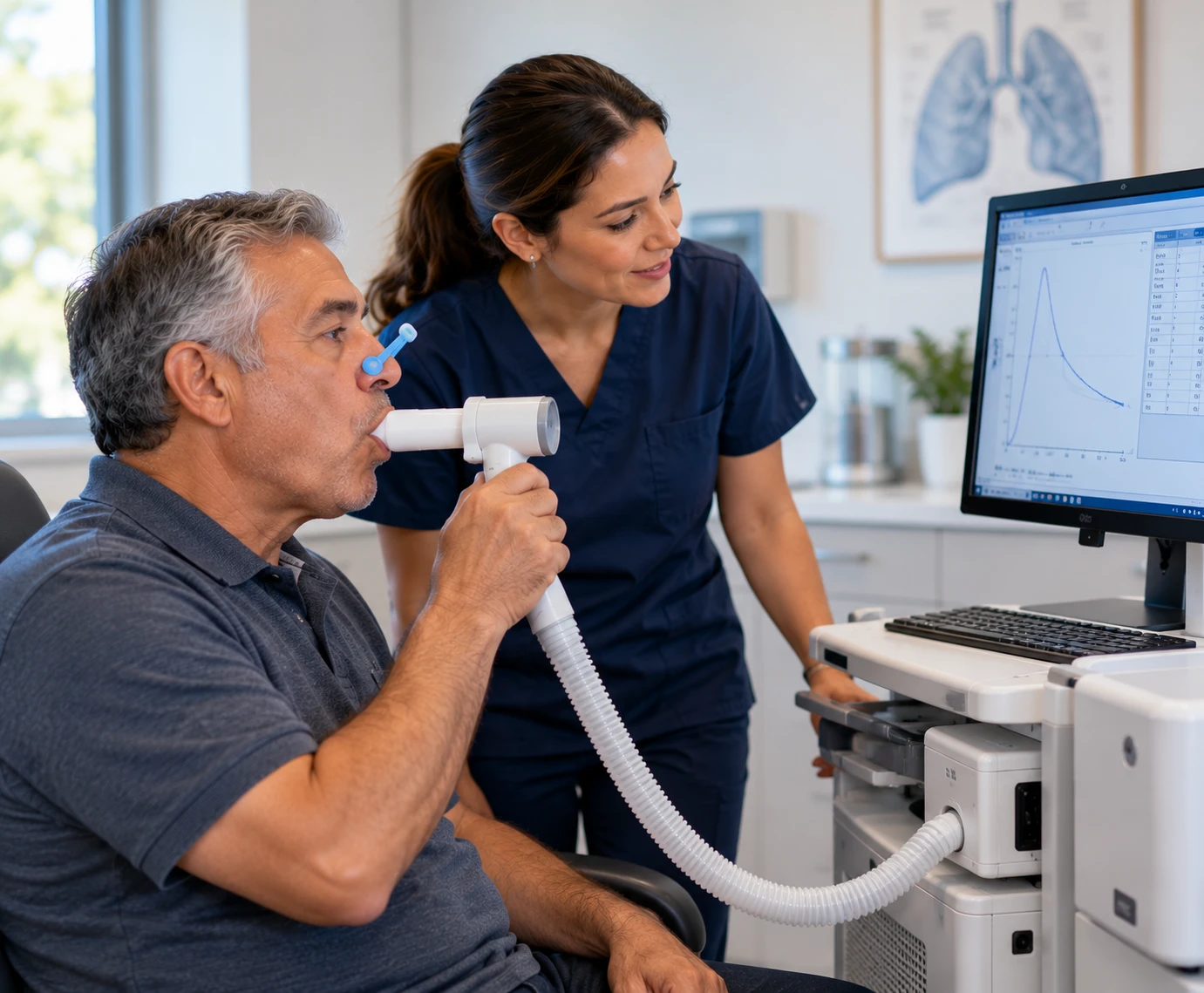 A patient performing a spirometry breathing test with a technician